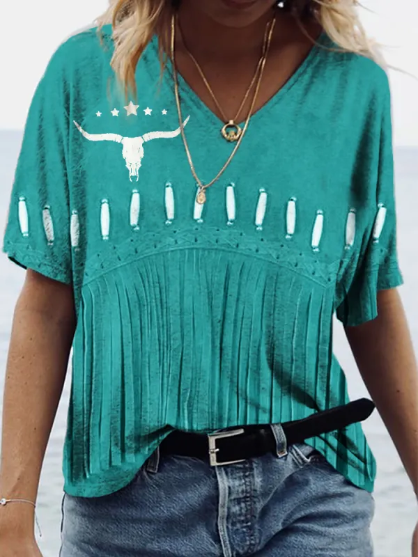 Vintage Western Fringe & Bull Skull Art V Neck T Shirt