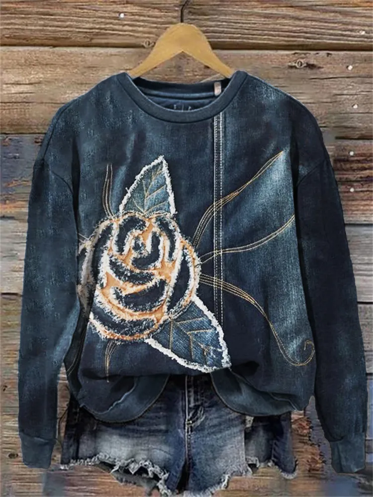 Vintage Frayed Rose Denim Art Comfy Sweatshirt