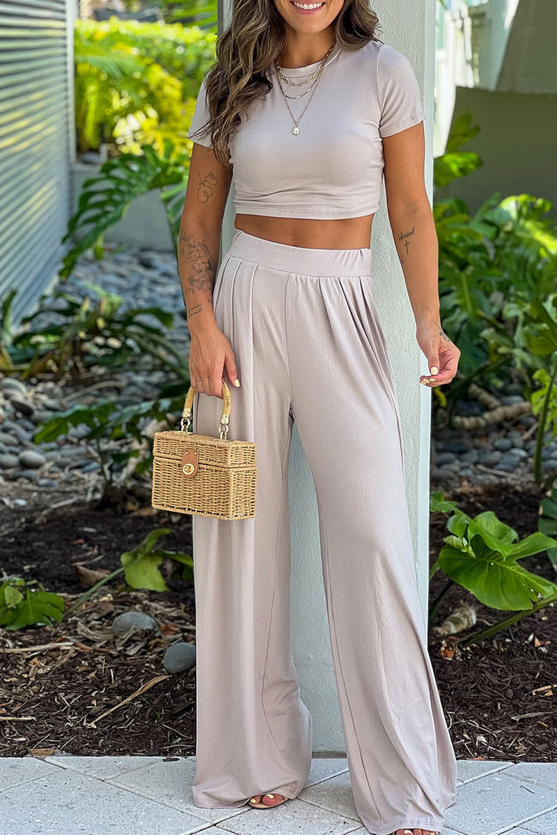 Beige Crop Top And Pants Set