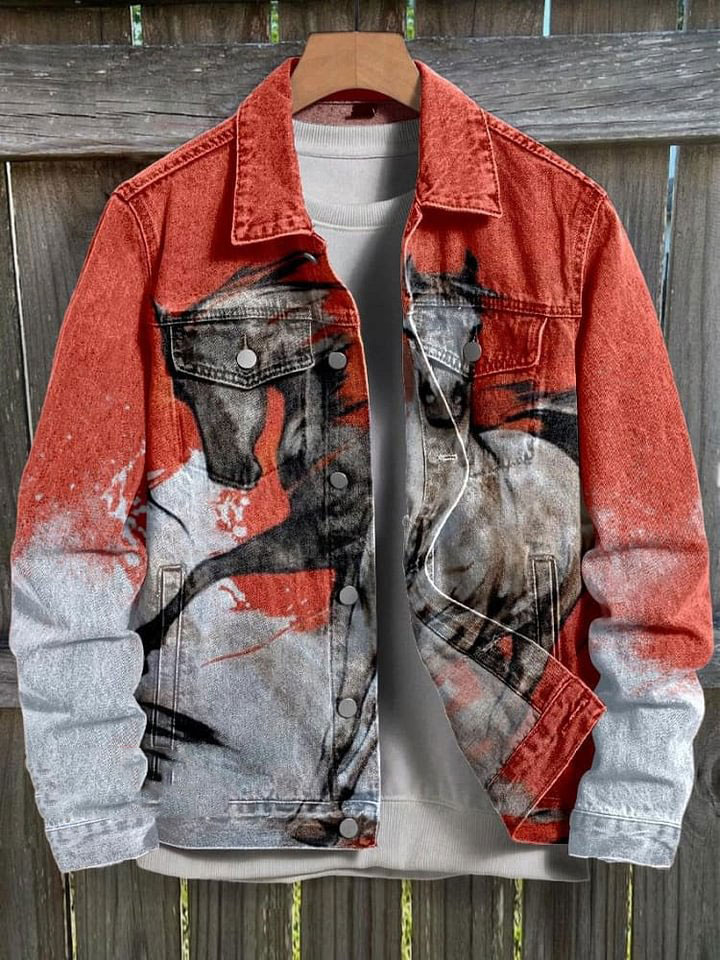 Art Horse Print Casual Denim Jacket