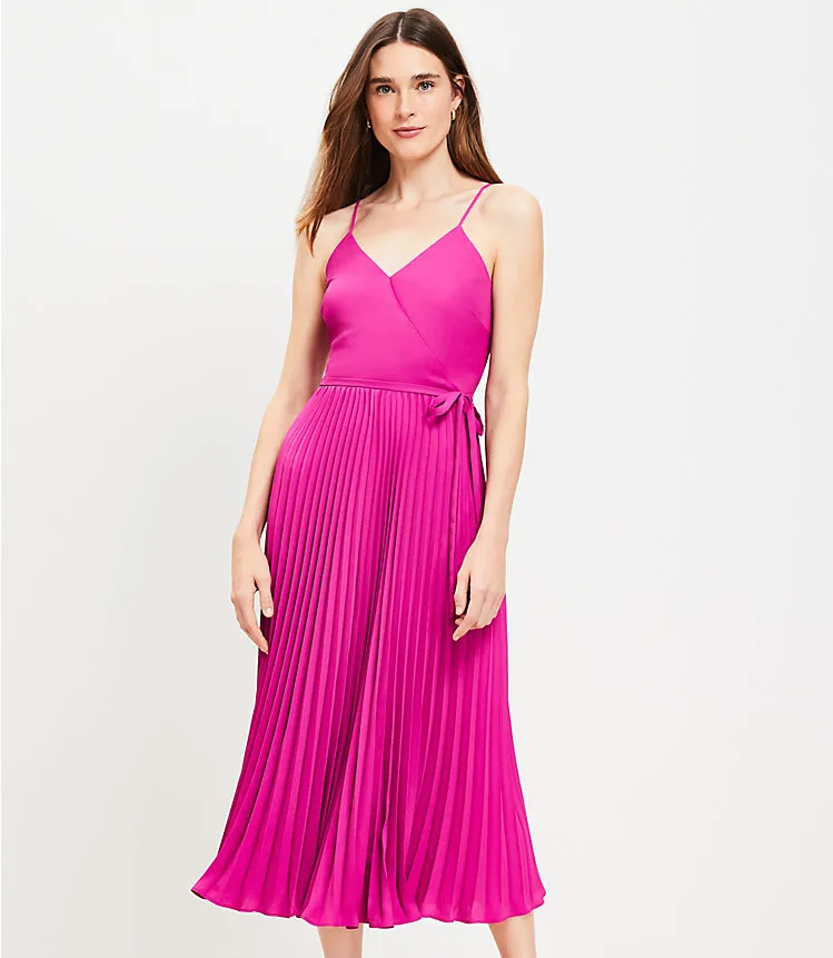 Pleated Crossover Strappy Midi Dress