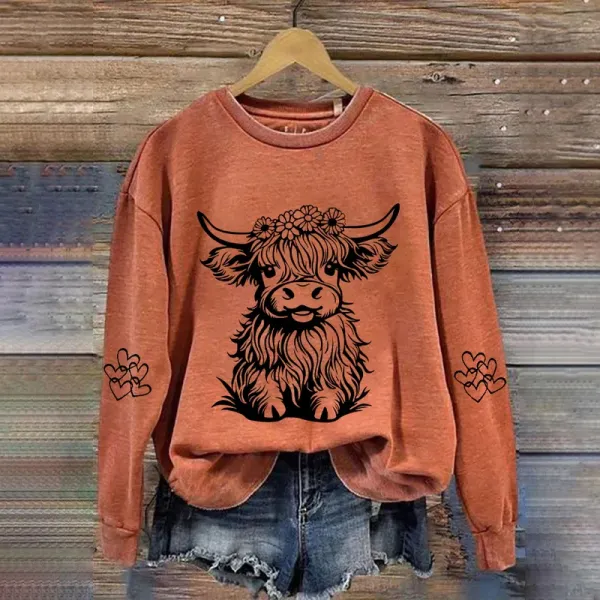 Floral Highland Cow Print Sweatshirt