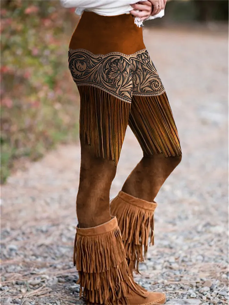 Western Floral Leather Tassels Leggings