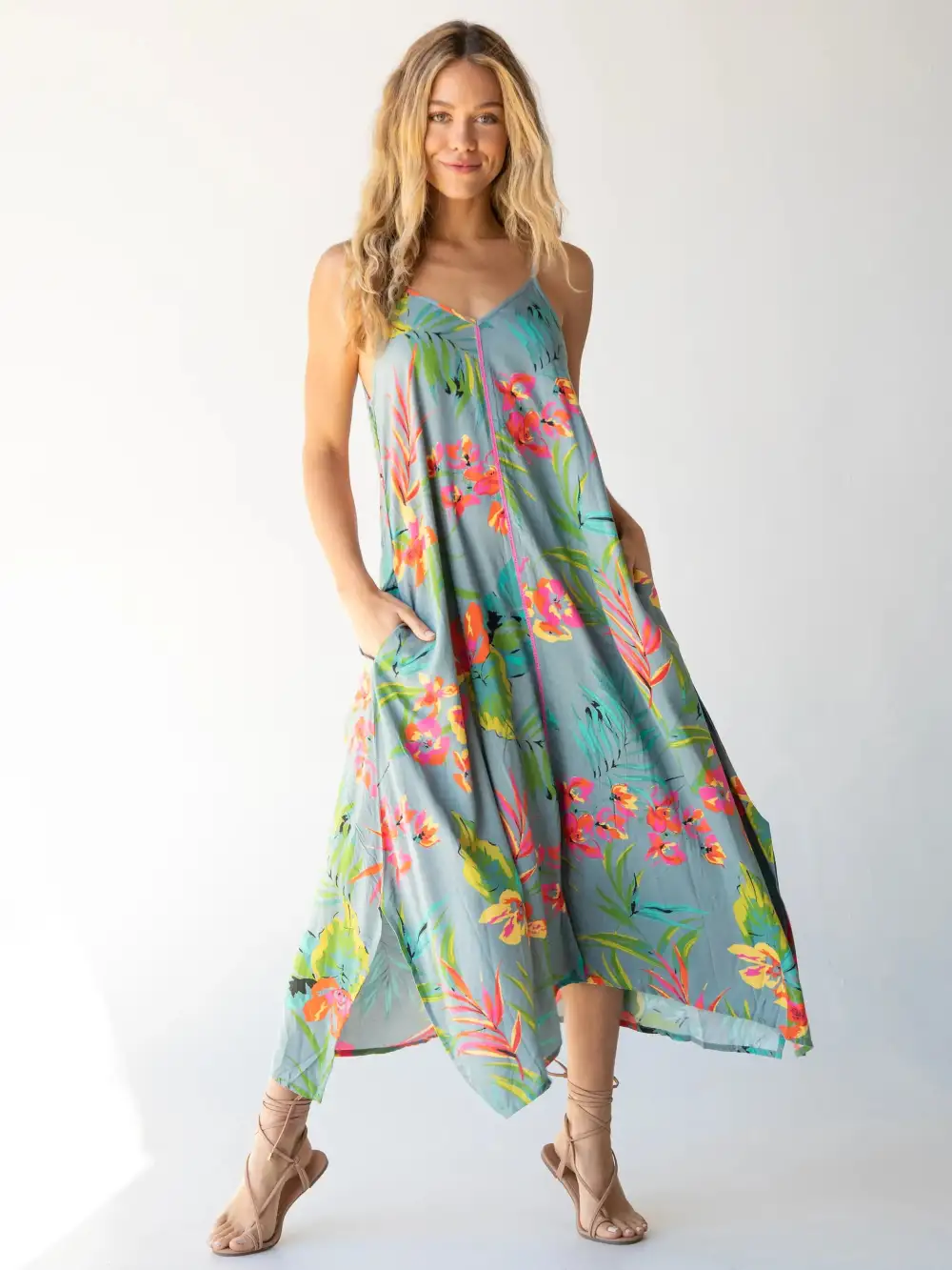 Katrina Midi Slip Dress - Light Blue Neon Floral