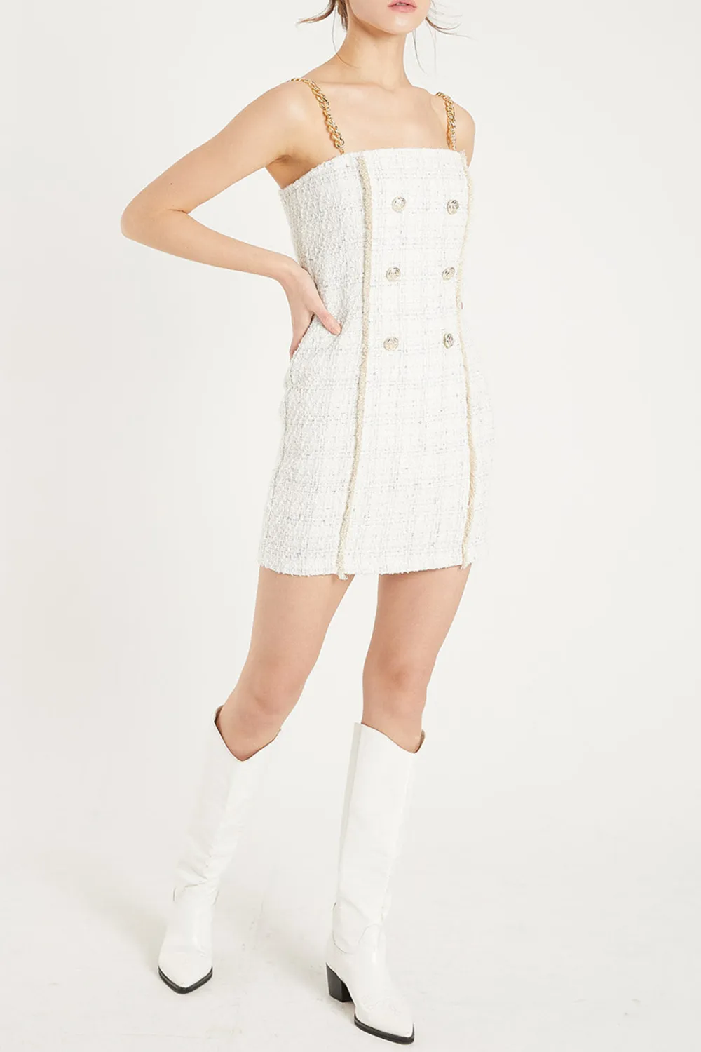 Vivi Tweed Mini Dress with Gold Chain