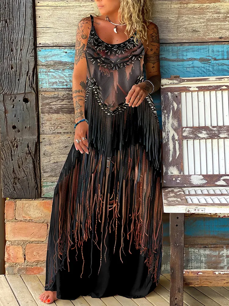 Women's Retro Ethnic Tassel Art Slip Maxi Dress