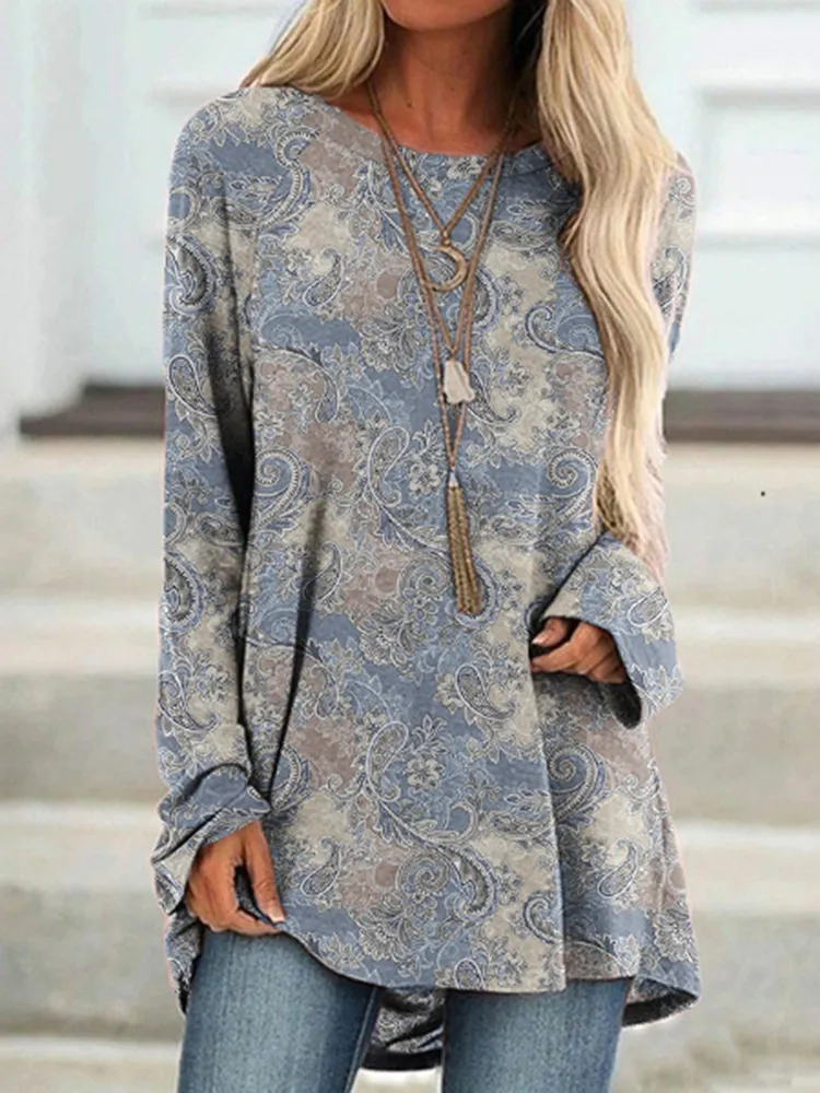 Vintage Print Long Sleeve Casual Tunic