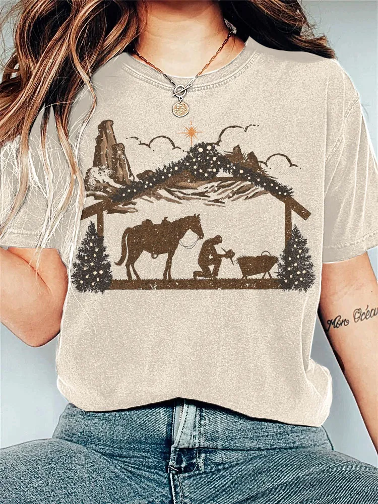 Religious Western Christmas Cowboy Print Vintage T-shirt