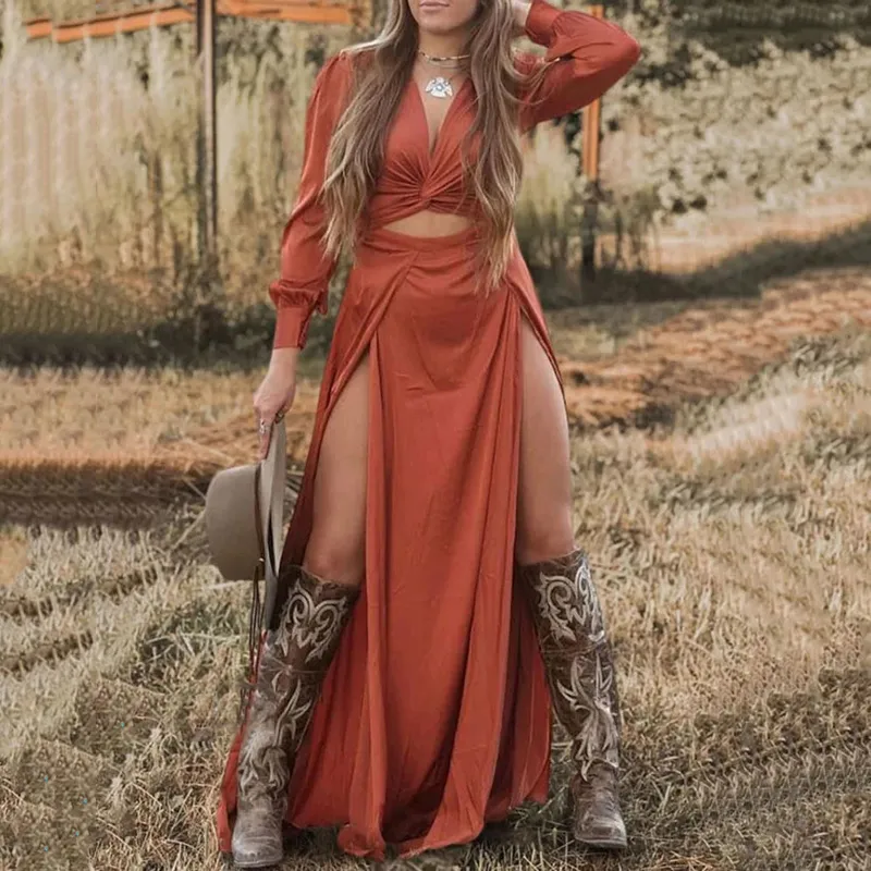 Women's Vintage V Neck Slit Long Sleeve Maxi Dress