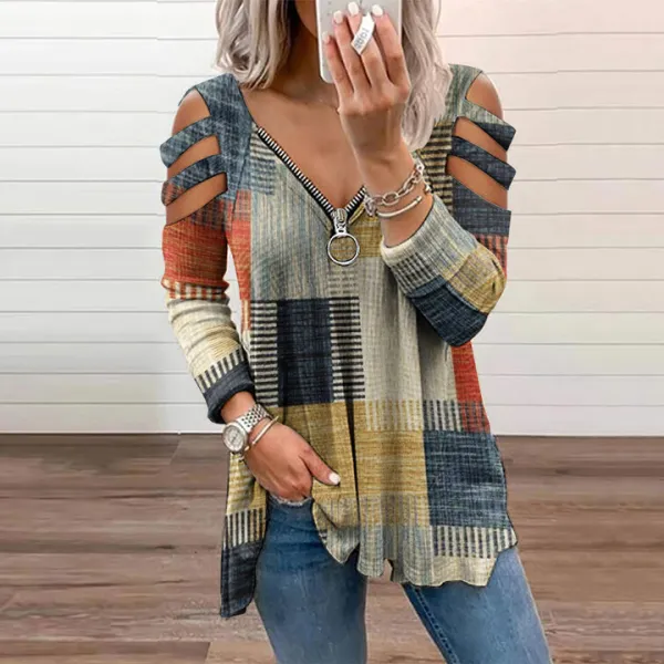 Retro Geometric Print Off-The-Shoulder Long Sleeved T-Shirt