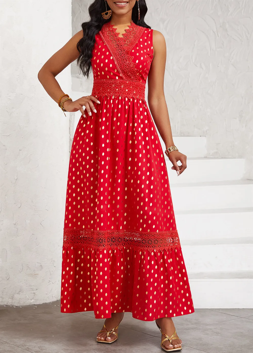 Polka Dot Hot Stamping Red Sleeveless Maxi Dress