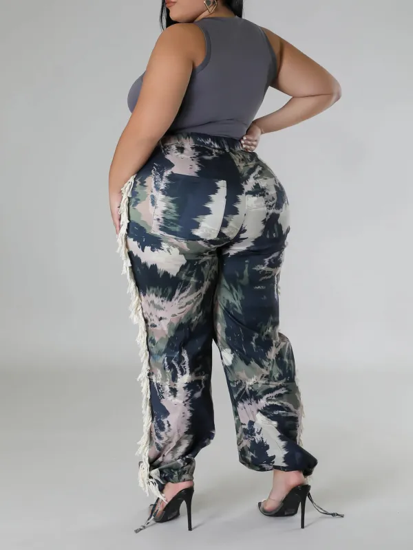 Plus-Size Fashion Women'S Camouflage Pattern Fringe Pants