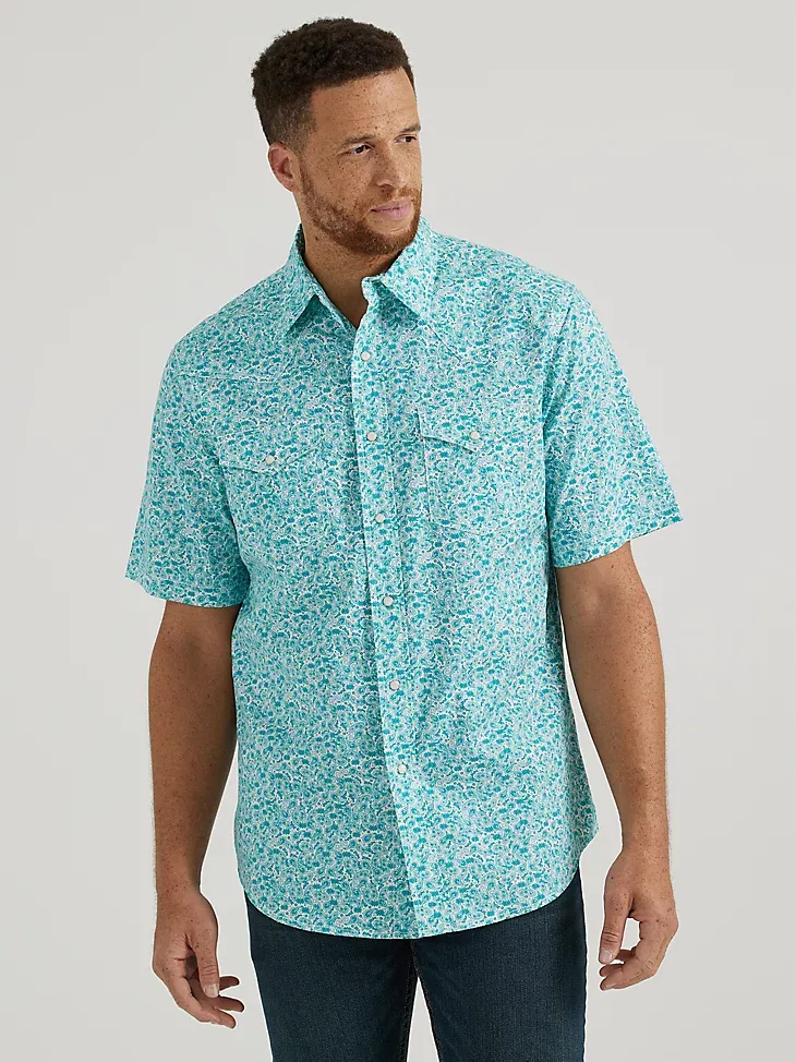 MEN'S WRANGLER® 20X® COMPETITION ADVANCED COMFORT SHORT SLEEVE WESTERN SNAP PRINT SHIRT IN MOD SEA BLUE