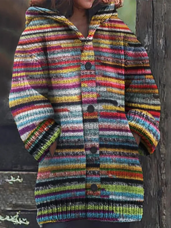 Vintage Mexican Striped Cozy Knit Hooded Cardigan