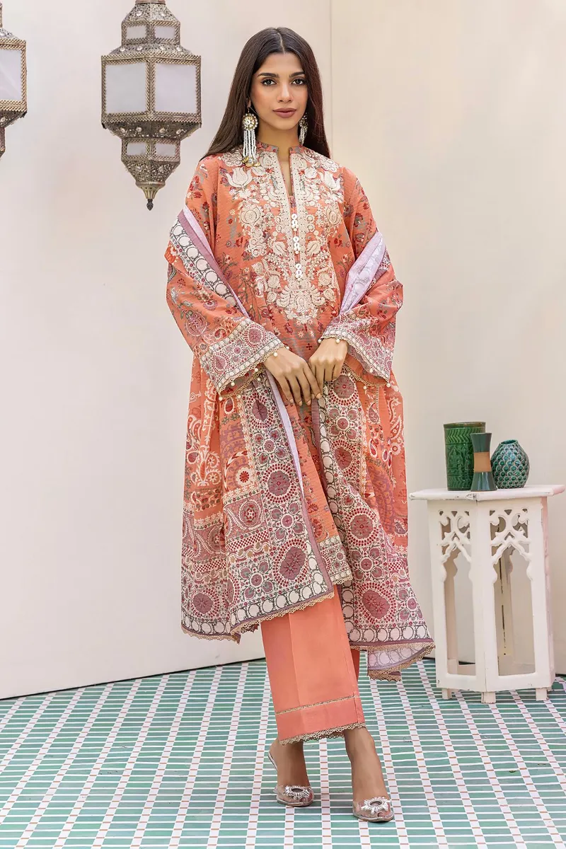 3 Piece Kurta Embroidered | Dupatta& Bottom & Tops | Color Red orange