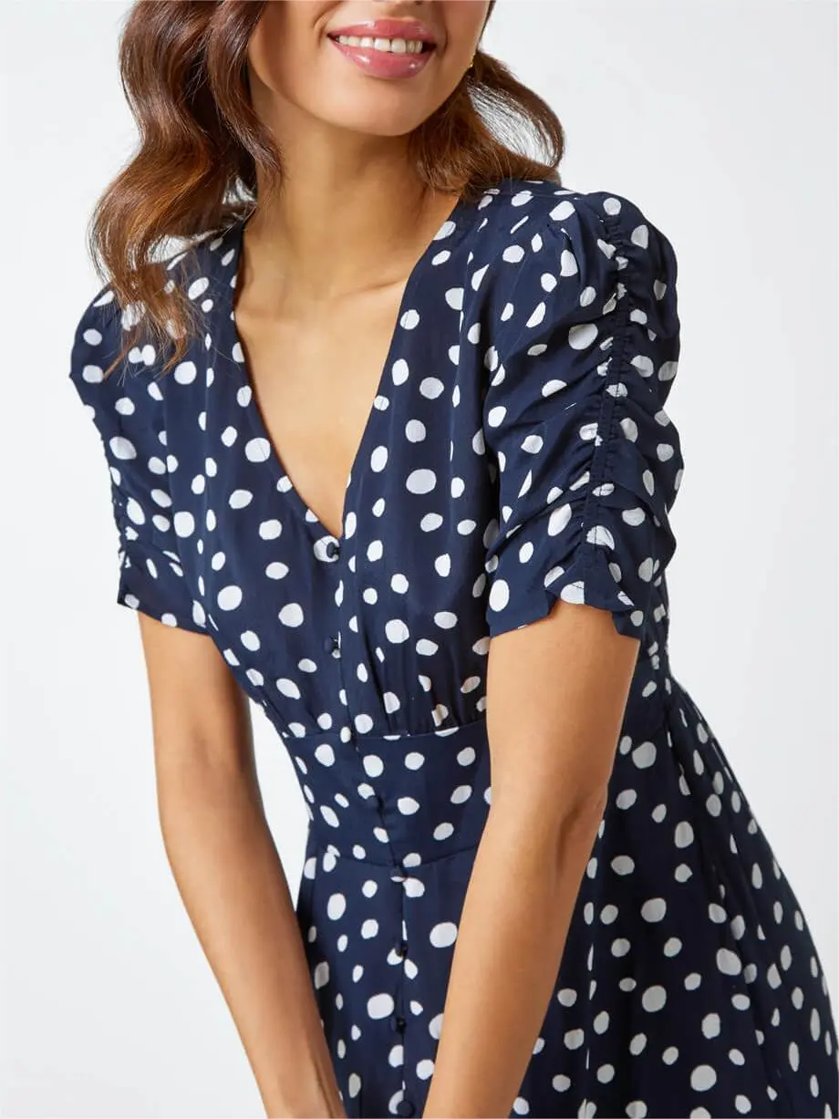 Navy Polka Dot Ruched Sleeve Midi Dress