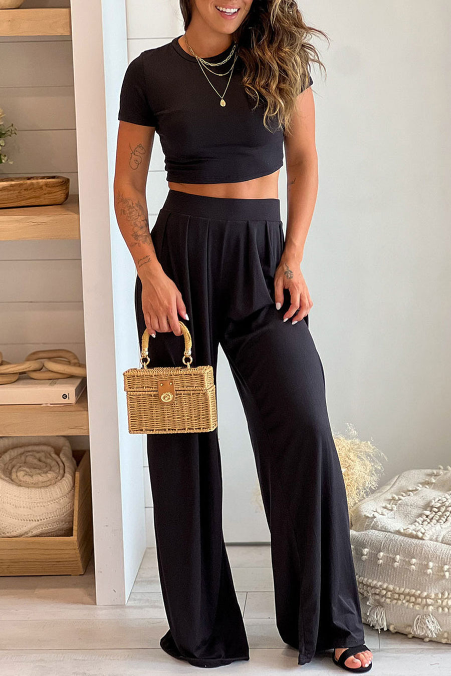 Black Crop Top And Pants Set