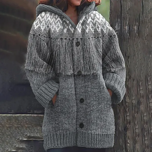 Women's Western Tribal Geometry Cozy Hooded Cardigan