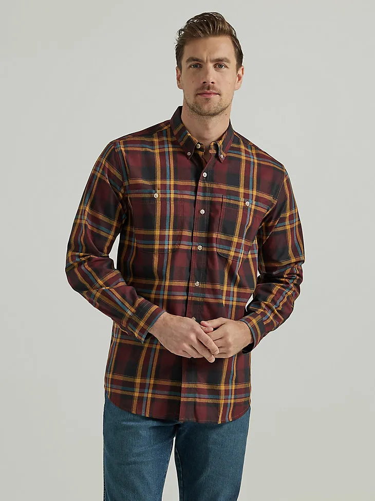 WRANGLER RUGGED WEAR® LONG SLEEVE EASY CARE PLAID BUTTON-DOWN SHIRT IN GREEN NAVY