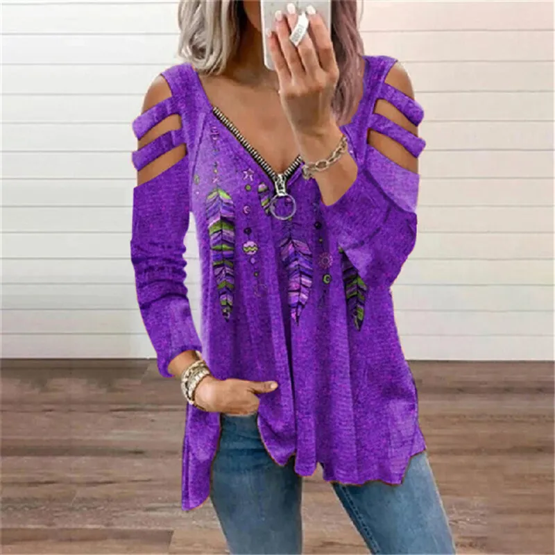 Casual Feather Print Cutout Long Sleeve T-Shirt