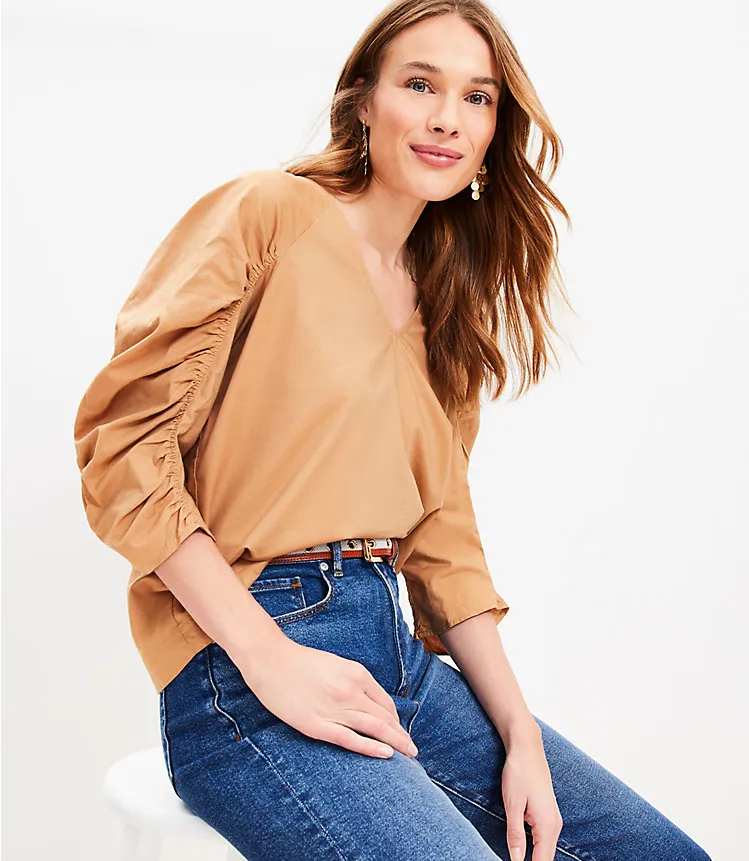 Cinched Sleeve V-Neck Blouse