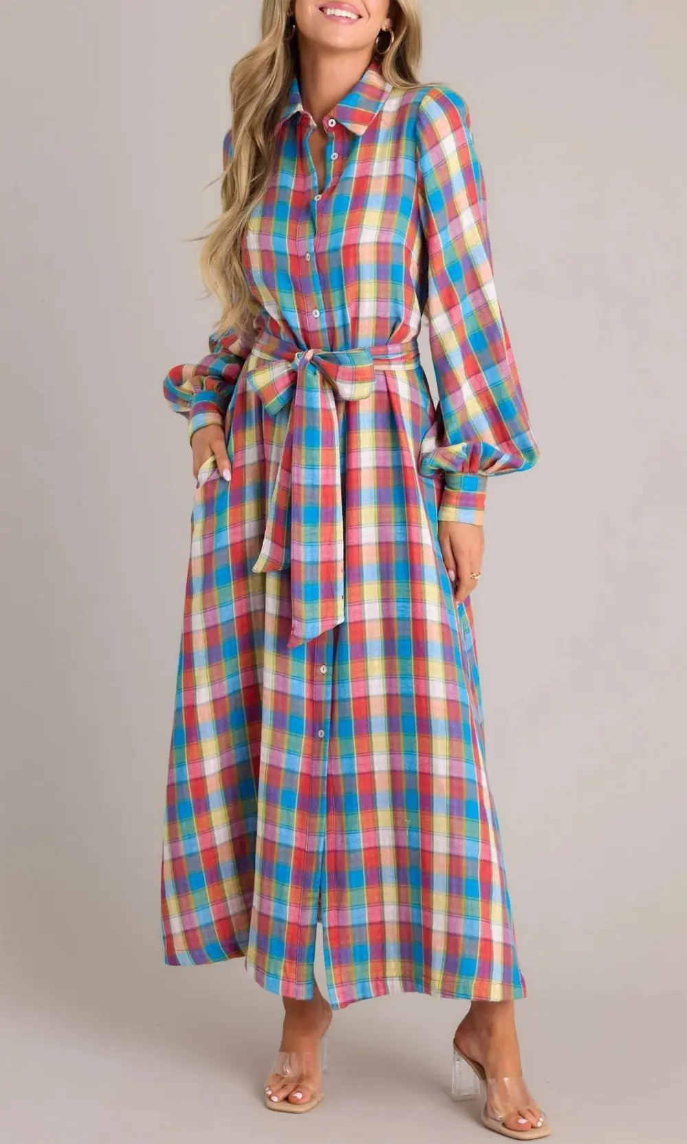 CLOSING THAT DOOR BLUE MULTI PLAID MAXI DRESS