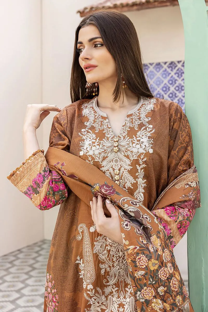 3 Piece Kurta Embroidered | Dupatta& Bottom & Tops | Color dark brown