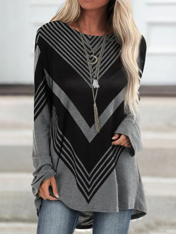 V-Neck Long-Sleeved Geometric Pattern Loose Casual T-Shirt