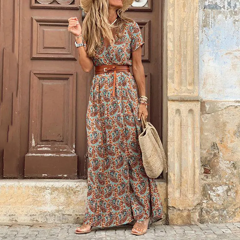 Short Sleeve V-Neck Print Maxi Dress