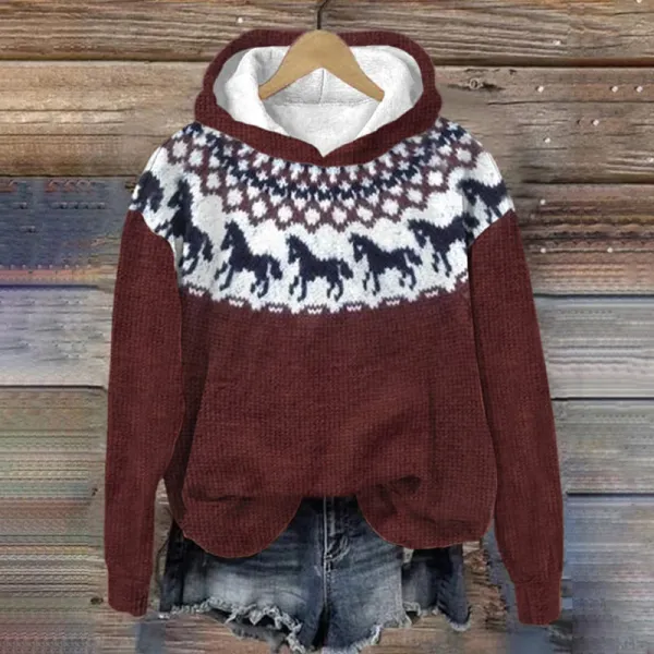 Western Ethnic Horse Print Long Sleeve Knitted Hooded Sweater