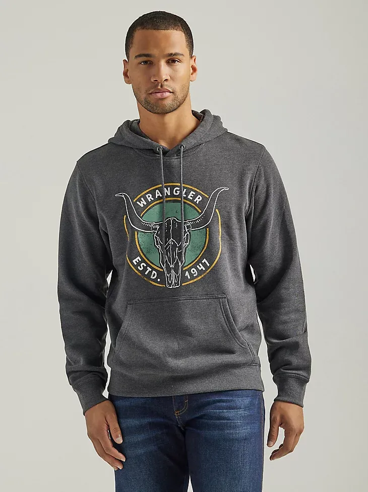 MEN'S WRANGLER FRONT ANIMAL LOGO PULLOVER HOODIE IN CAVIAR HEATHER