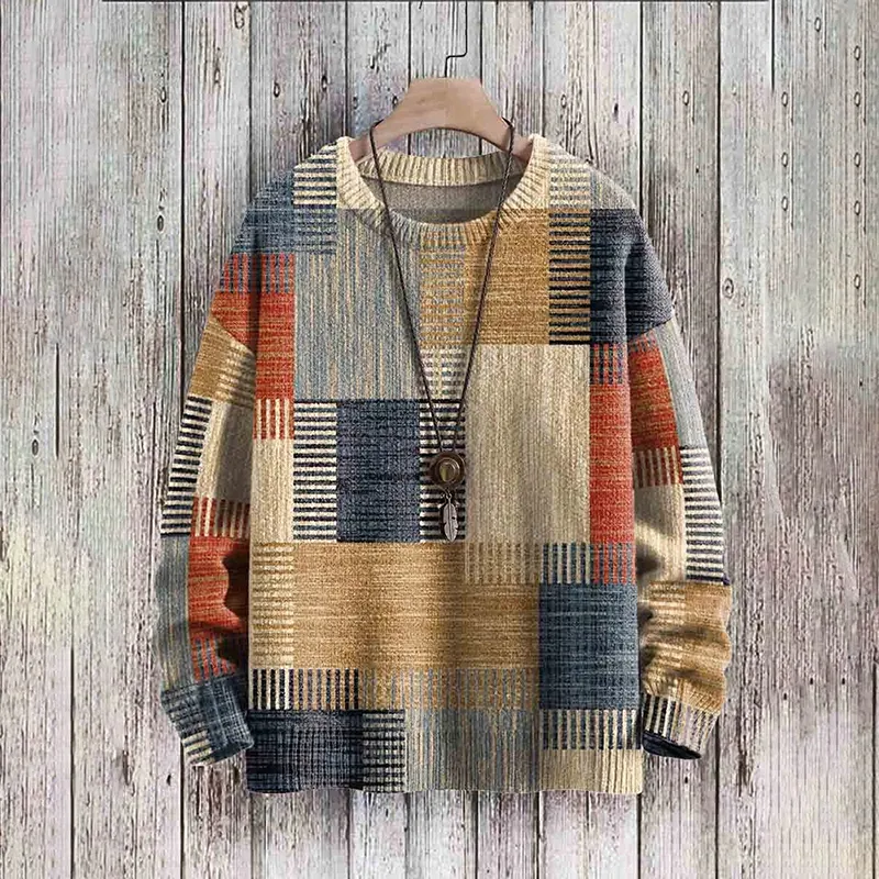 Vintage Geometric Print Crew Neck Casual Sweater