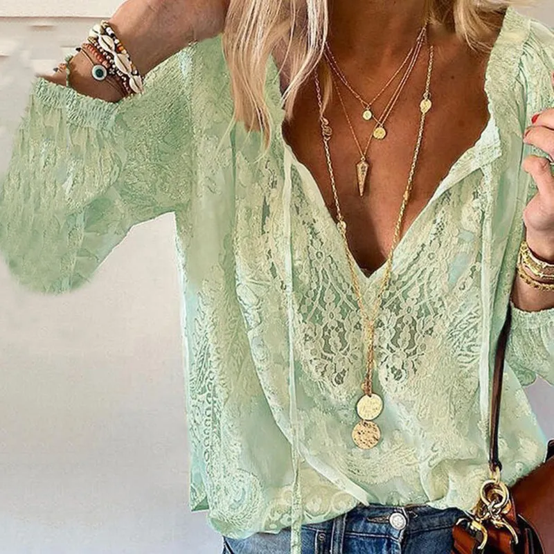 Boho Lace Hollow Out V Neck Long Sleeve Top