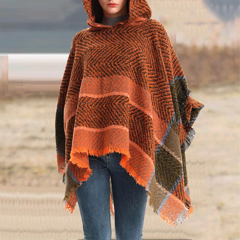 Vintage Herringbone Hooded Pullover Shawl