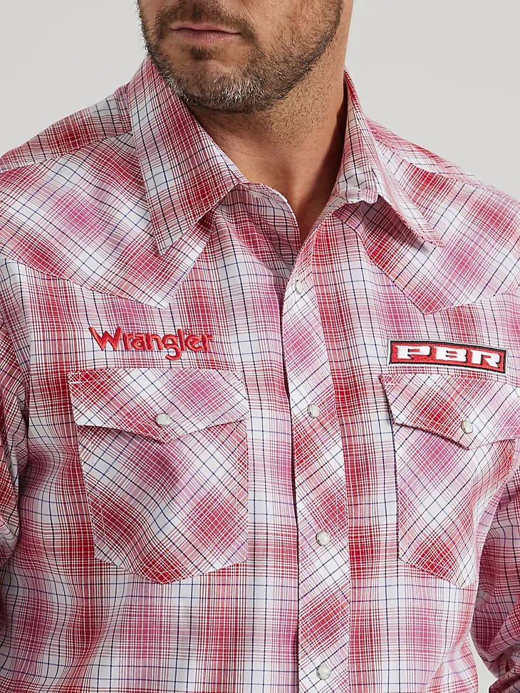 MEN'S WRANGLER® PBR® LOGO LONG SLEEVE PLAID WESTERN SNAP SHIRT IN RED TAN