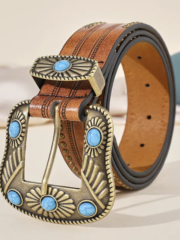 Vintage Western Turquoise Studded Leather Belt