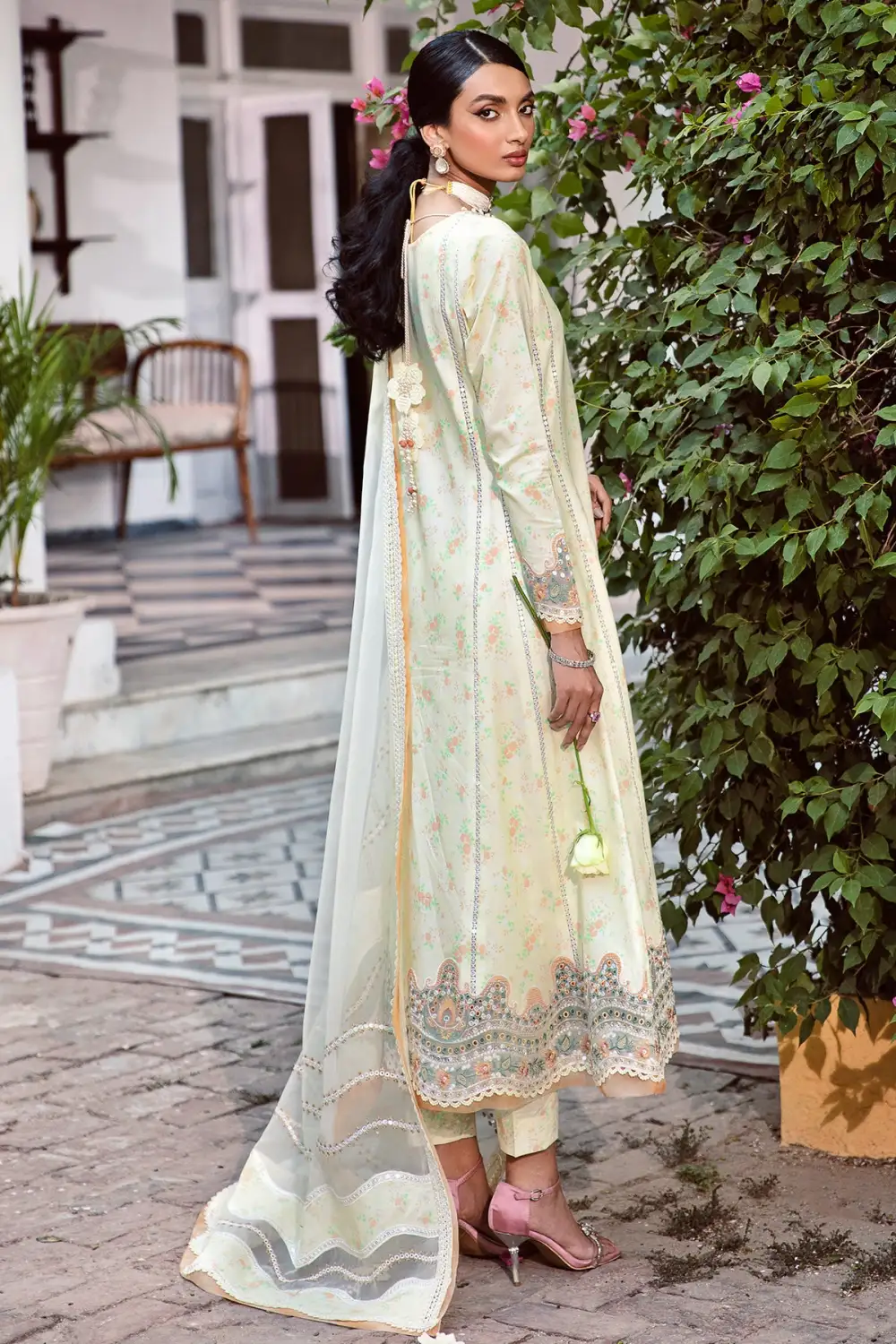 Lime Primerose Embroidered Lawn