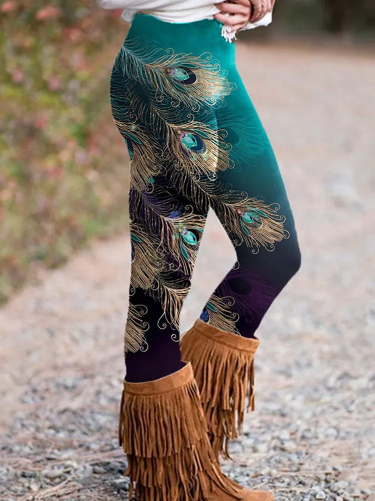 Women's Western Peacock Feathers Printed Casual Leggings