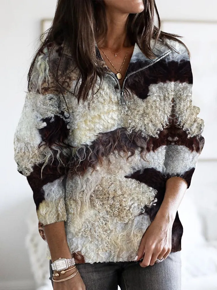 Sheep & Cowhide Patchwork Pattern Zip Up Sweater