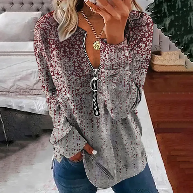 Vintage Print V Neck Zip Long Sleeve Casual Sweatshirt