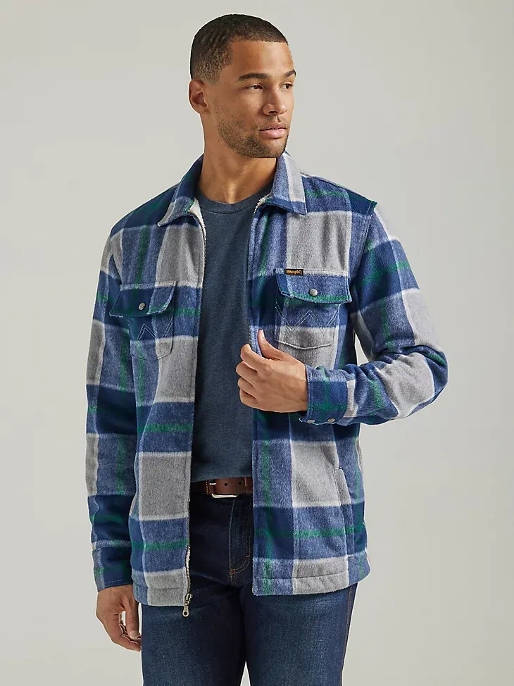 MEN'S WRANGLER FULL ZIP SHERPA LINED FLANNEL SHIRT JACKET IN PEBBLE