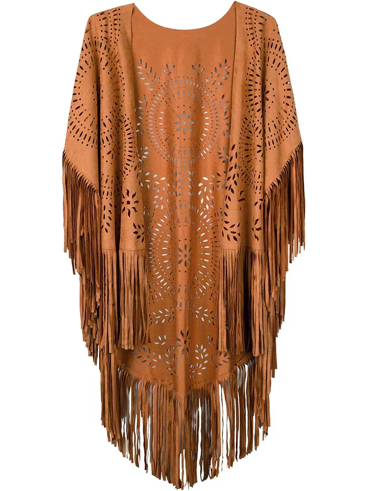 Western Hollow Carved Tassels Suede Shawl