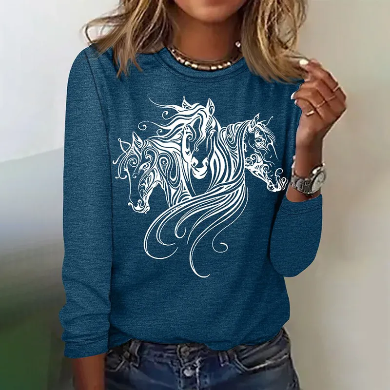 Vintage Horse Print Long Sleeve Casual T-Shirt