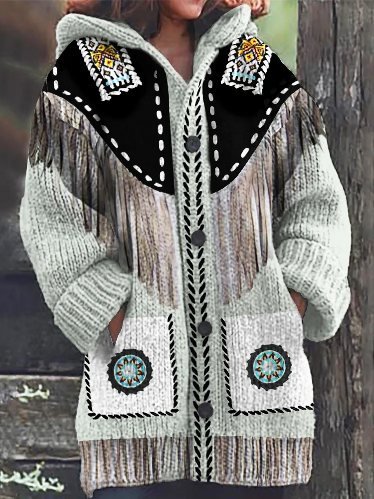 Western Ethnic Pattern Fringe Women's Hooded Cardigan