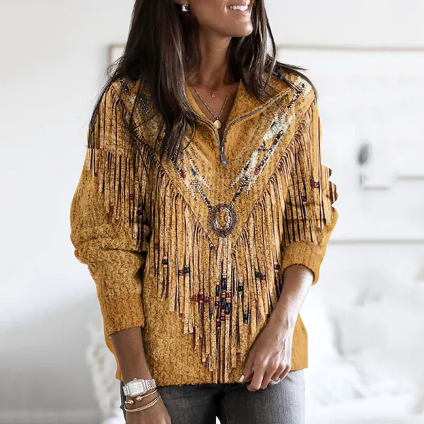 Vintage Tribal Tassels Geometric Pattern Lapel Sweater