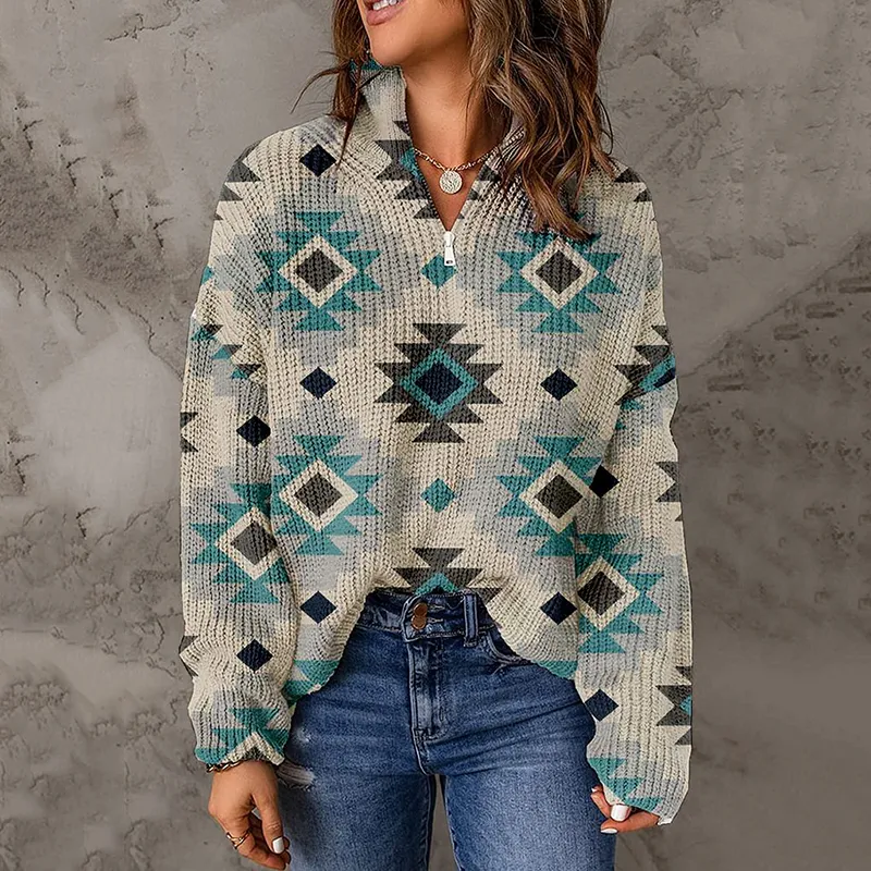 Women's Retro Ethnic Print Zipper Collar Sweater