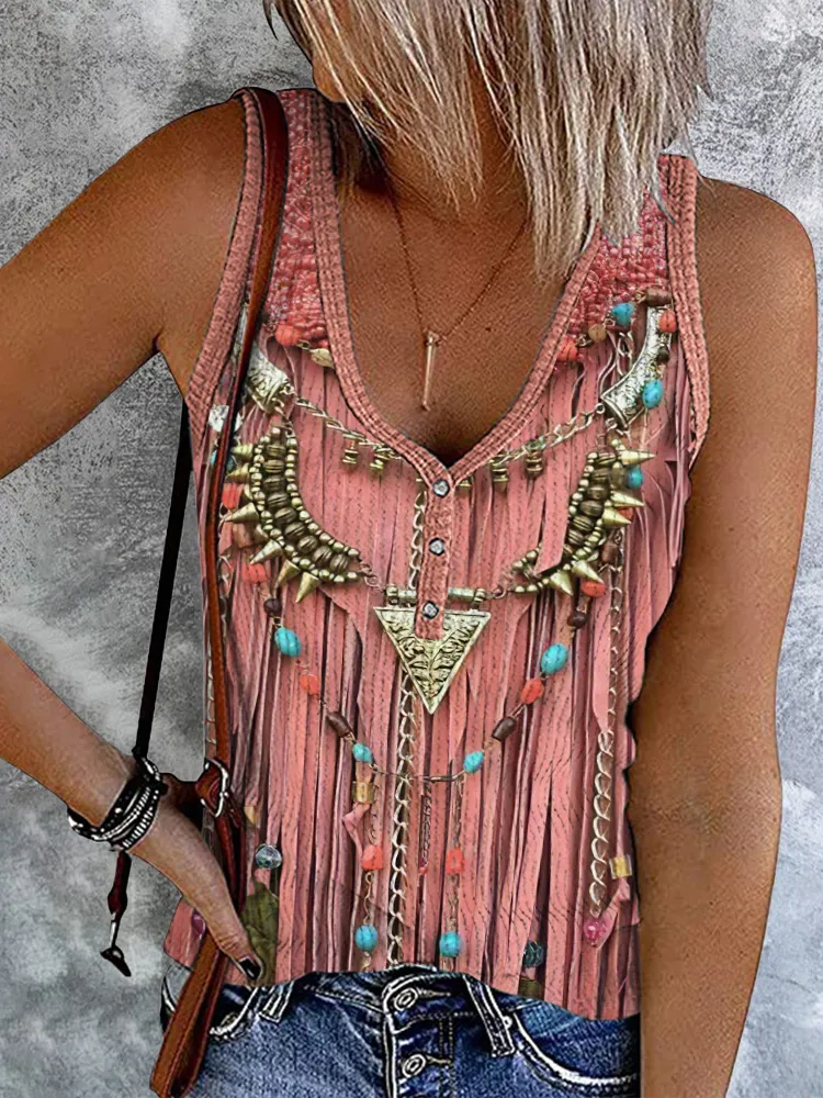 Western Tassel Print V-Neck Casual Tank Top