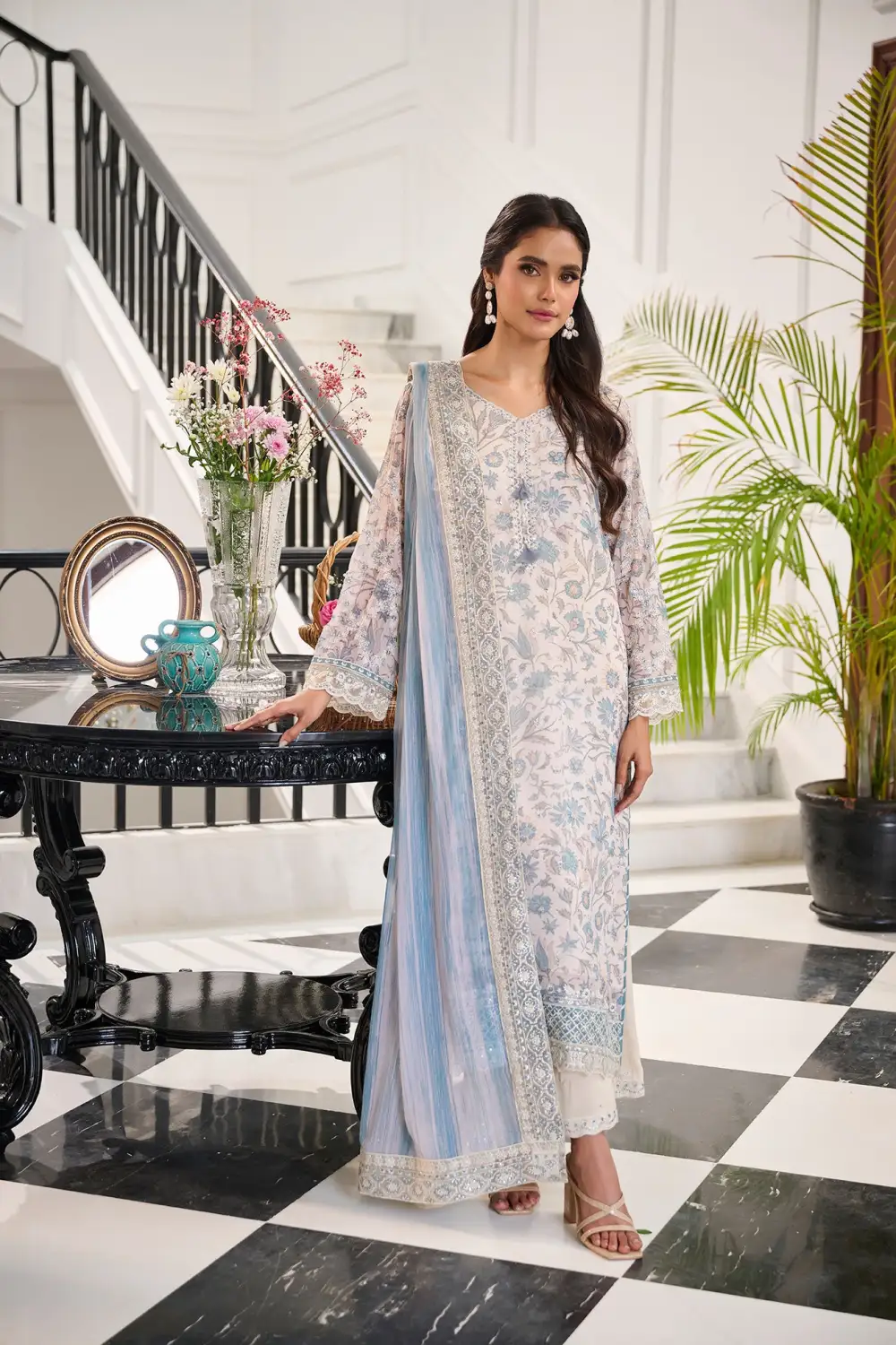 SKY BLUE 3PCS  EMBROIDERED KURTA WITH TROUSER