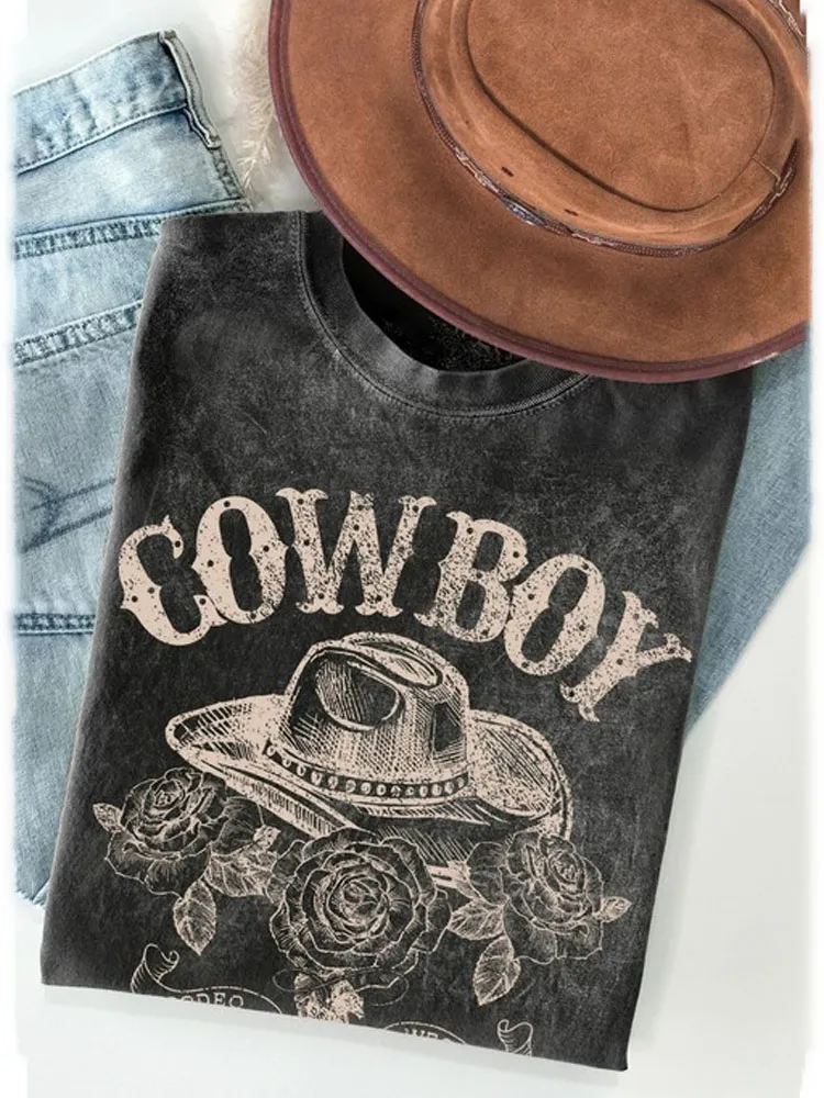 Western Cowboy Hat Print Washed Cotton T-Shirt