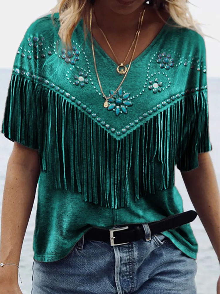 Western Turquoise Flowers Tassels V Neck T Shirt